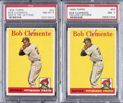 1958 Topps #52 Roberto Clemente "Team Letters" Variations Pair (2 Different) – Including "White" (PSA NM-MT 8) and "Yellow" (PSA NM 7)